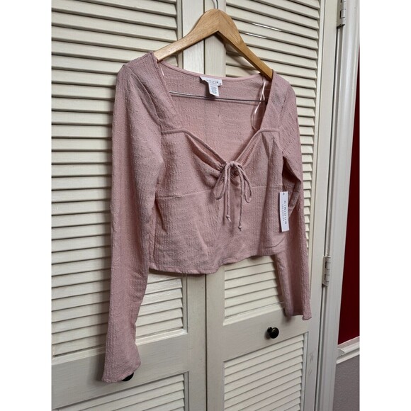 Kirious Los Angeles Pink Cropped Crinkle Long Sleeve Babydoll Peasant Top SIZE L - Picture 2 of 6